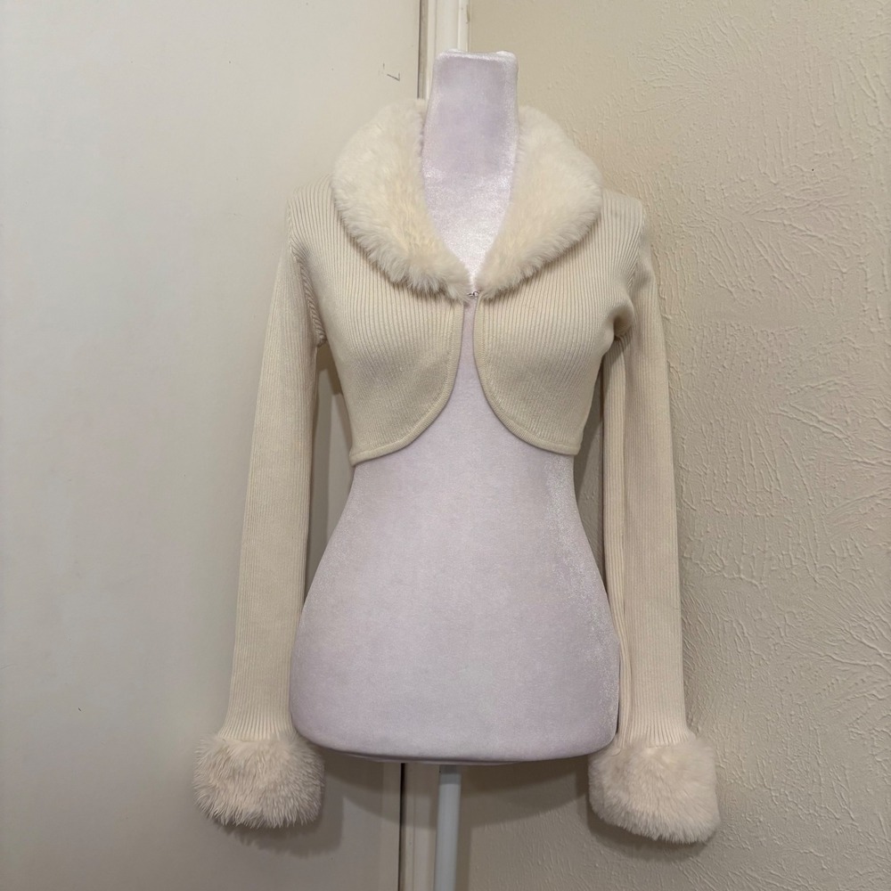 Y2K Cream Faux Fur Trim Cropped Ribbed Bolero Shrug Coquette Cardigan Glam M